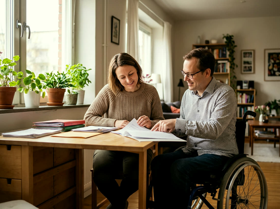 A case manager and a working-age man who uses a wheelchair review resource paperwork together at a sunlit kitchen table.