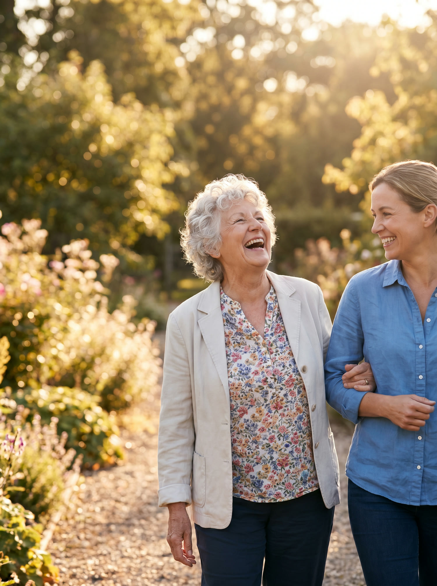 An older woman laughs while walking arm-in-arm with her caregiver through a sunlit garden.
