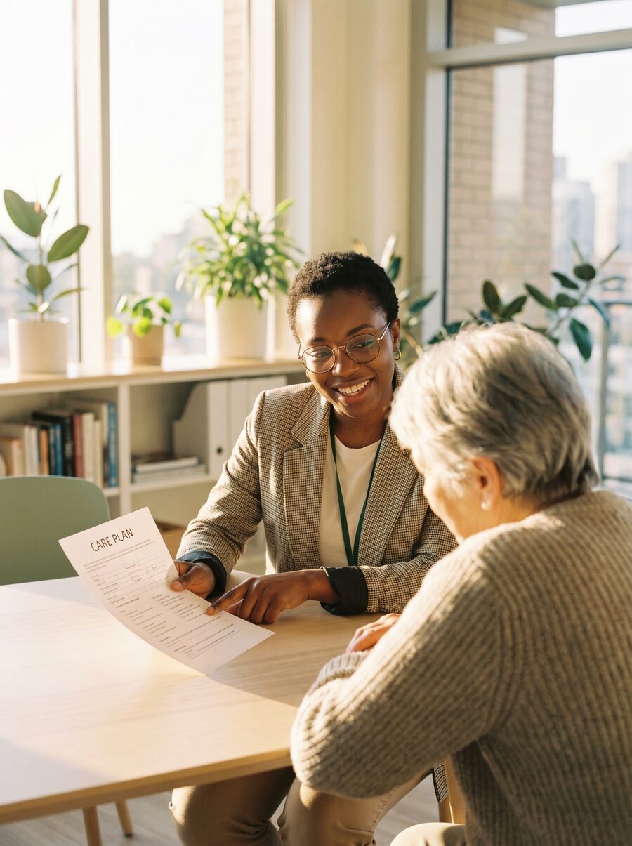 A case manager reviews a written care plan with an older adult in a sunlit office.