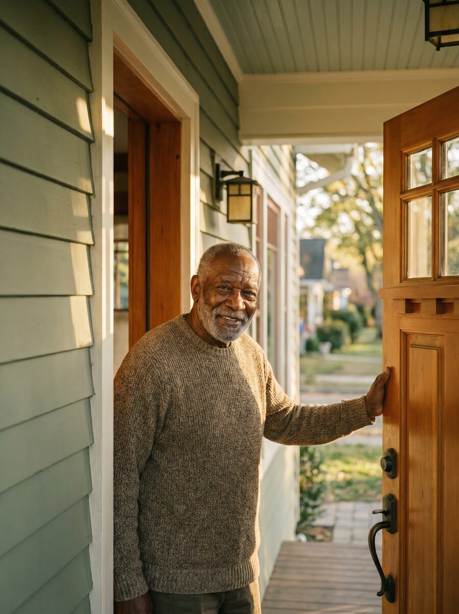 An older man welcomes a visitor at the front door of his craftsman-style home.