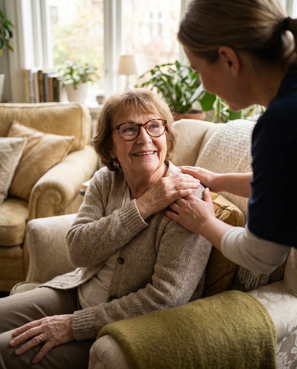 A caregiver rests a reassuring hand on the shoulder of a smiling older woman at home.
